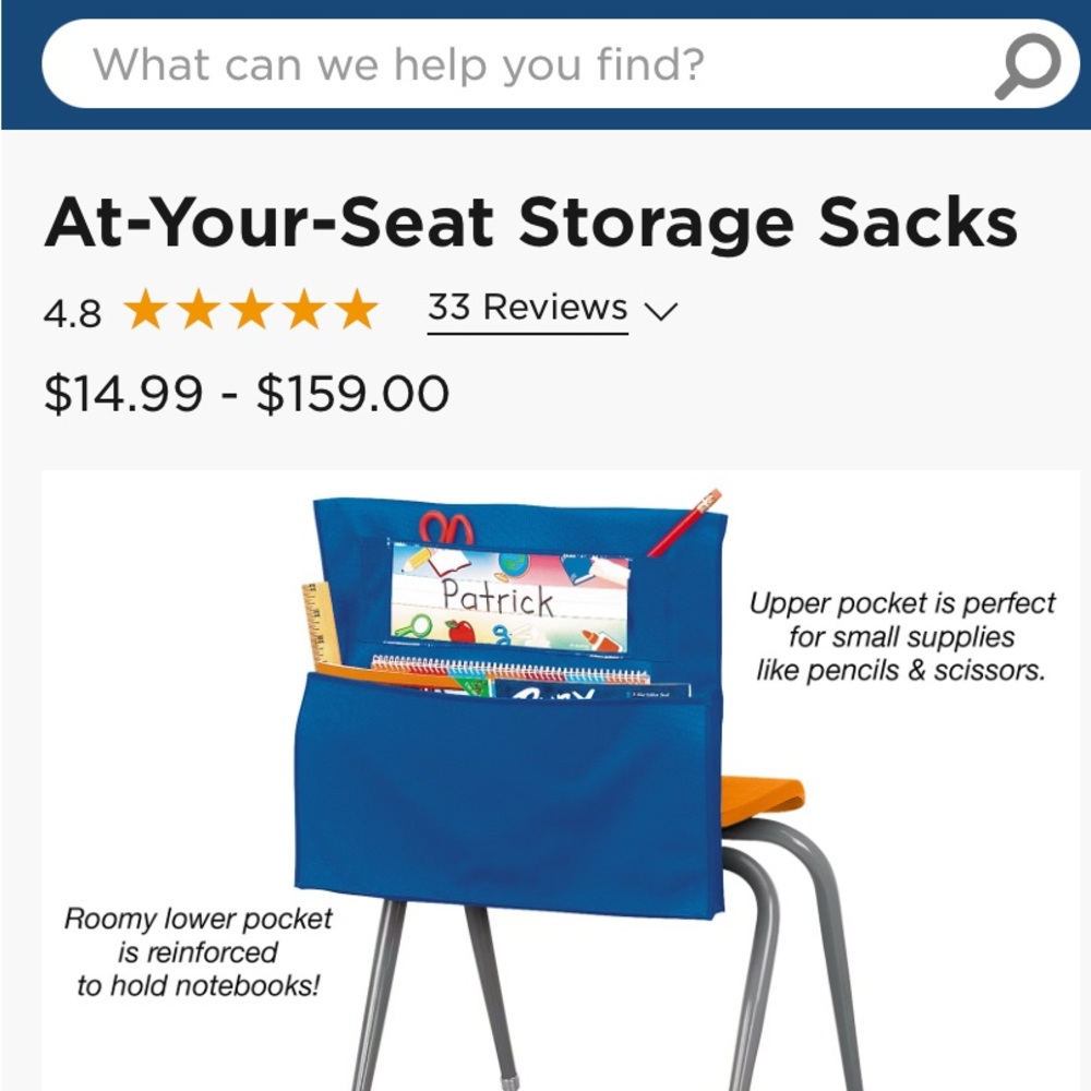 LAKESHORE…At your seat storage sack ..great for Elementary students.